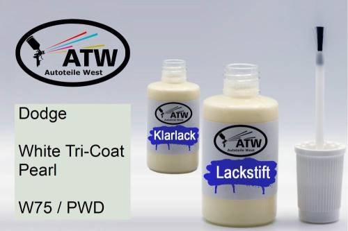 Dodge, White Tricoat Pearl, W75 / PWD: 20ml Lackstift + 20ml Klarlack - Set, von ATW Autoteile West.